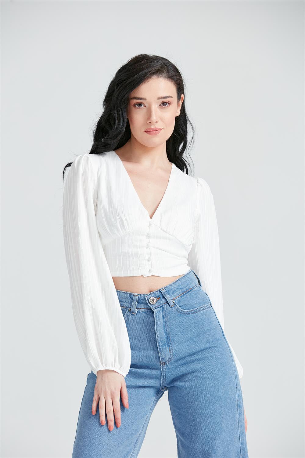 Kadın Dügmeli Crop Bluz Beyaz