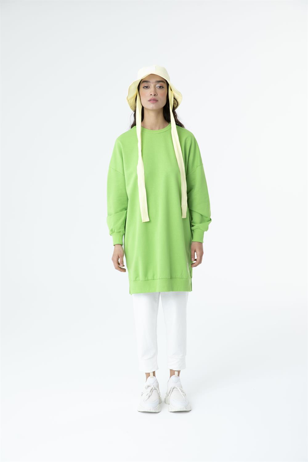 Kadın Düz Renk Ara Boy Sweat Tunik Çimen Yeşil