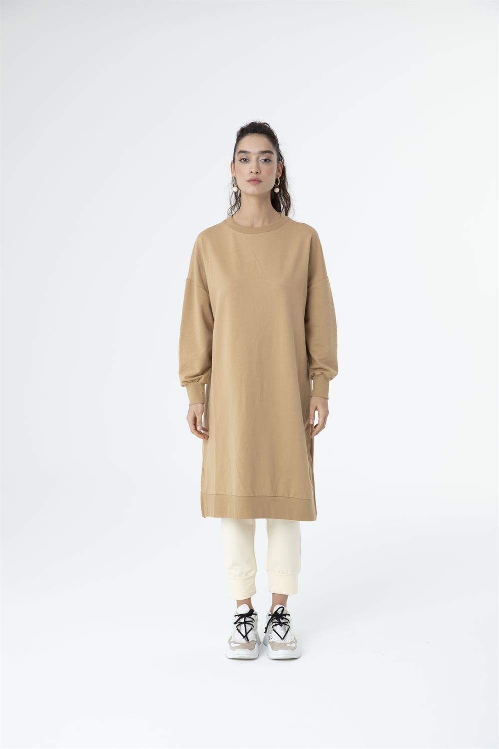 Kadın Düz Renk Uzun Boy Sweat Tunik BEIGE