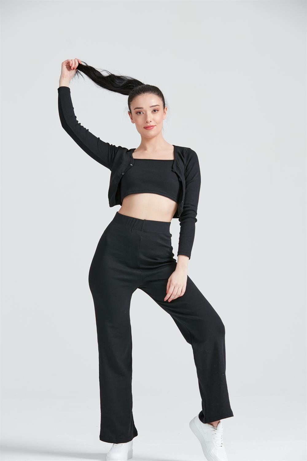 Kadın Hırka Crop Bol Paça Pantolon Üçlü Takım Siyah