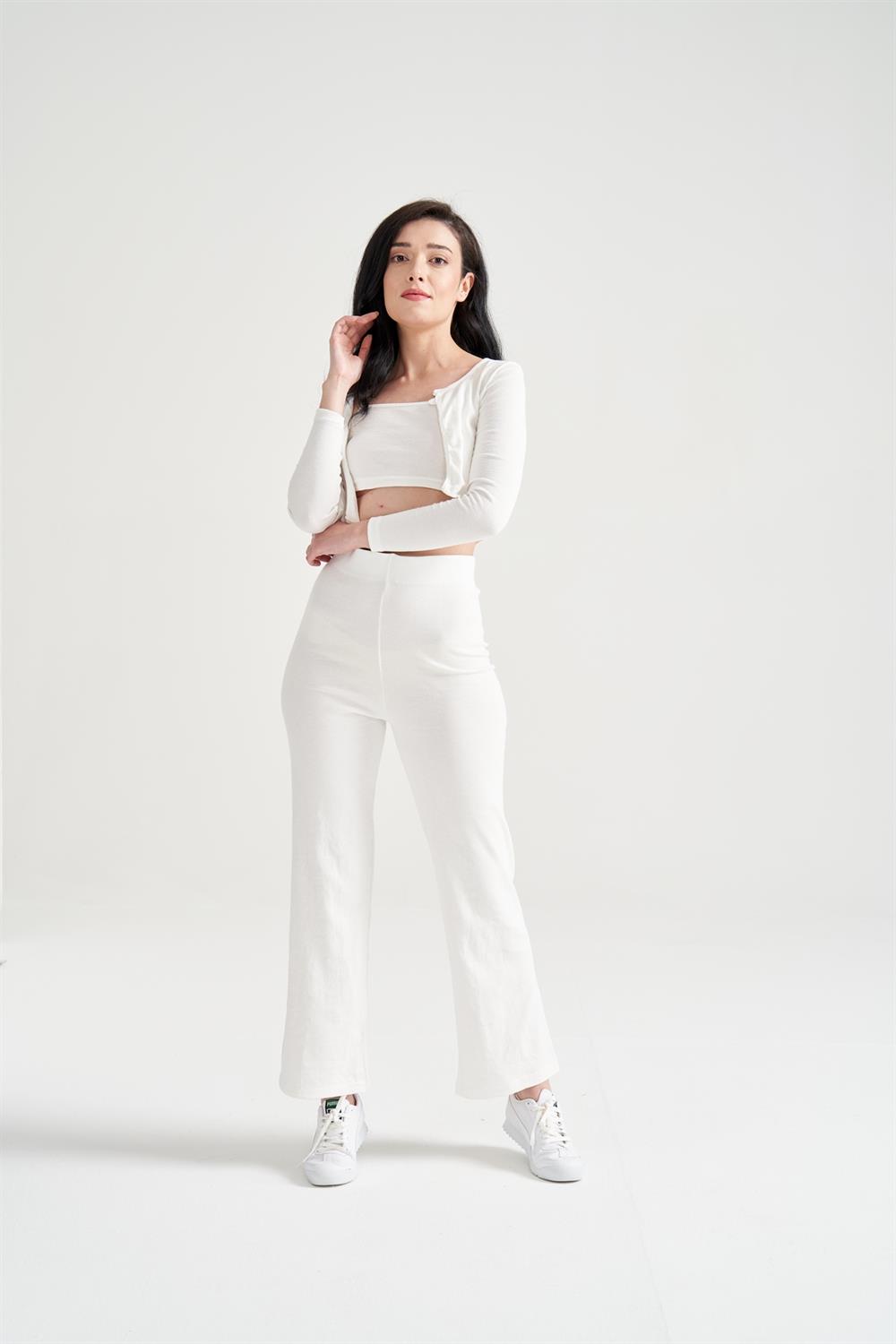 Kadın Hırka Crop Bol Paça Pantolon Üçlü Takım Beyaz