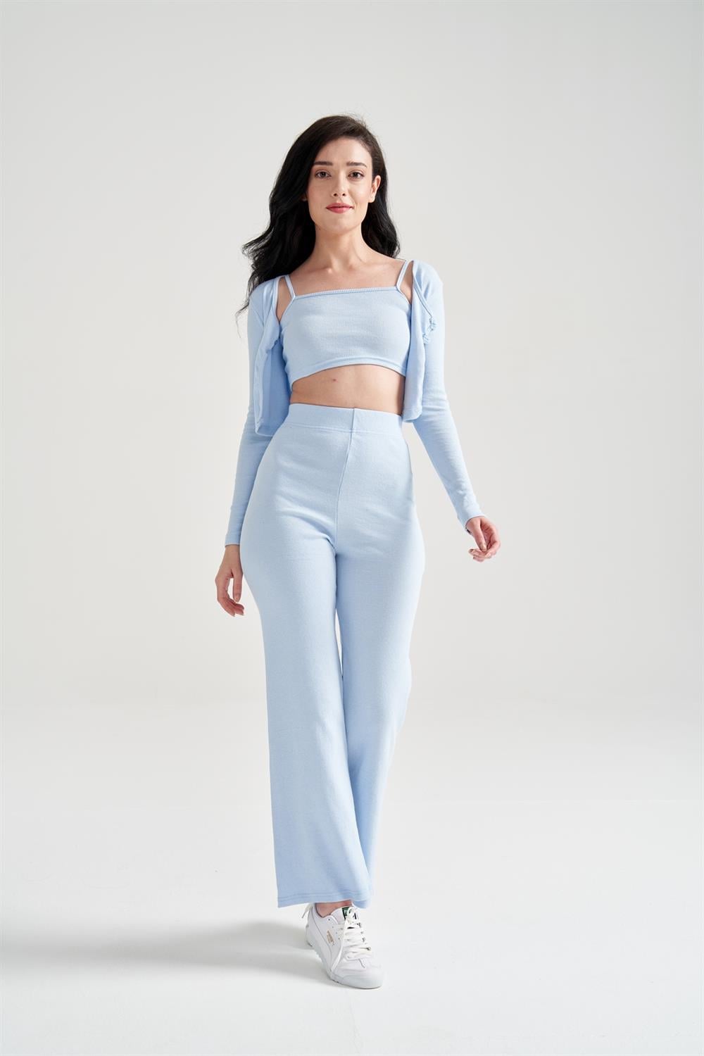 Kadın Hırka Crop Bol Paça Pantolon Üçlü Takım Mavi