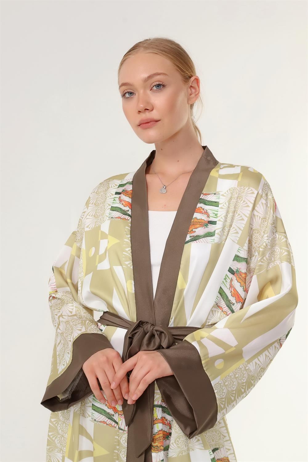 Kadın İpek Saten Kimono Kap AÇIK YEŞİL