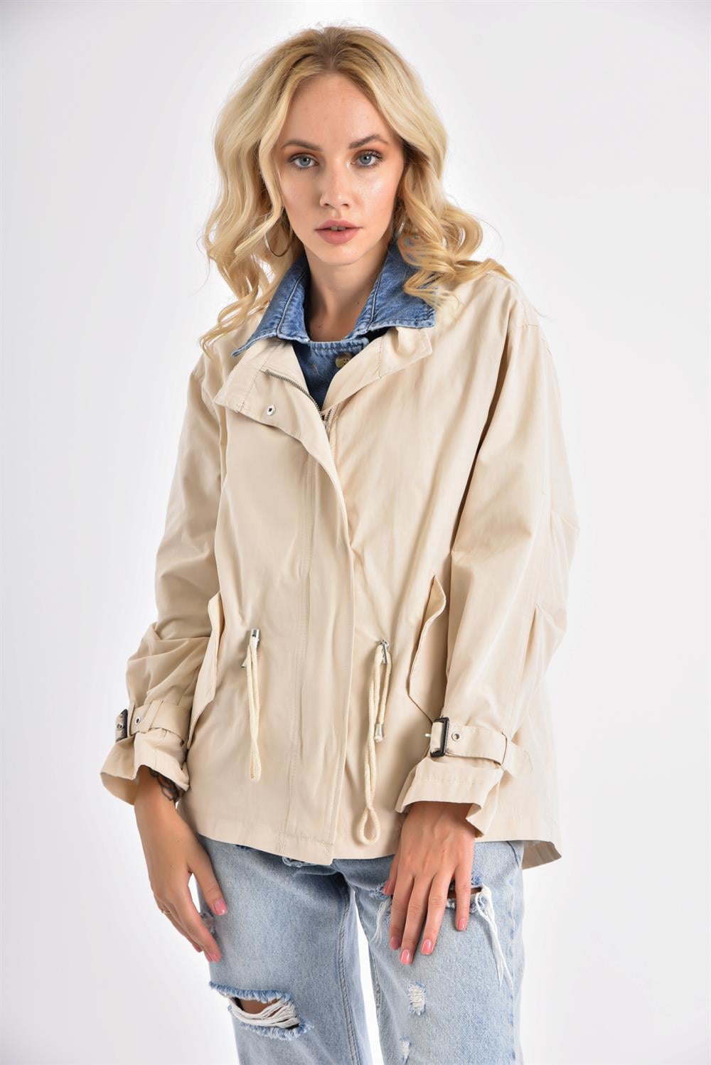 Kadın Jean Detaylı Trençkot BEIGE