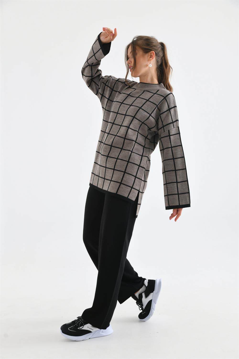 Kadın Kare Desen Yarım Balıkçı Takım Deve Tüyü