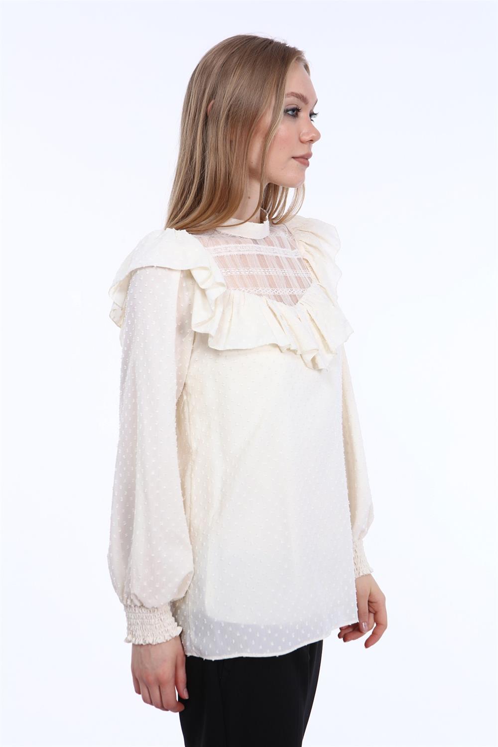 Kadın Kesme Kumaş Organze Karışım Bluz BEIGE