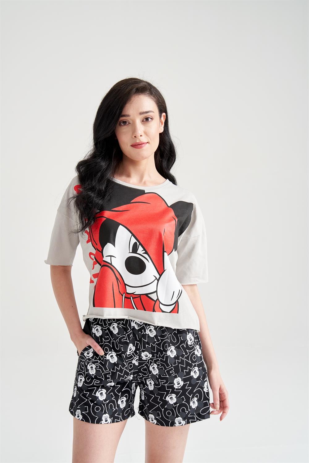 Kadın Mickey Mouse Baskılı Şortlu Takım Gri