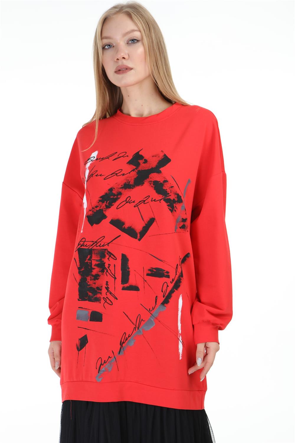 Kadın Önü Desenli Sweat Elbise MERCAN