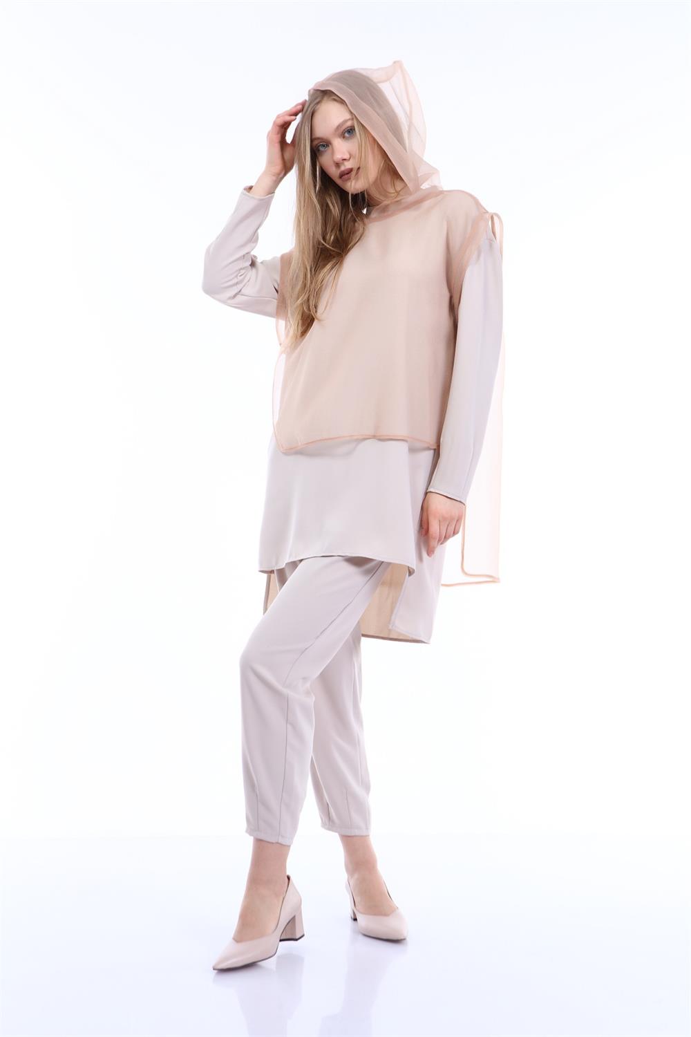 Kadın Organze Krep Kumaş Üçlü Takım BEIGE