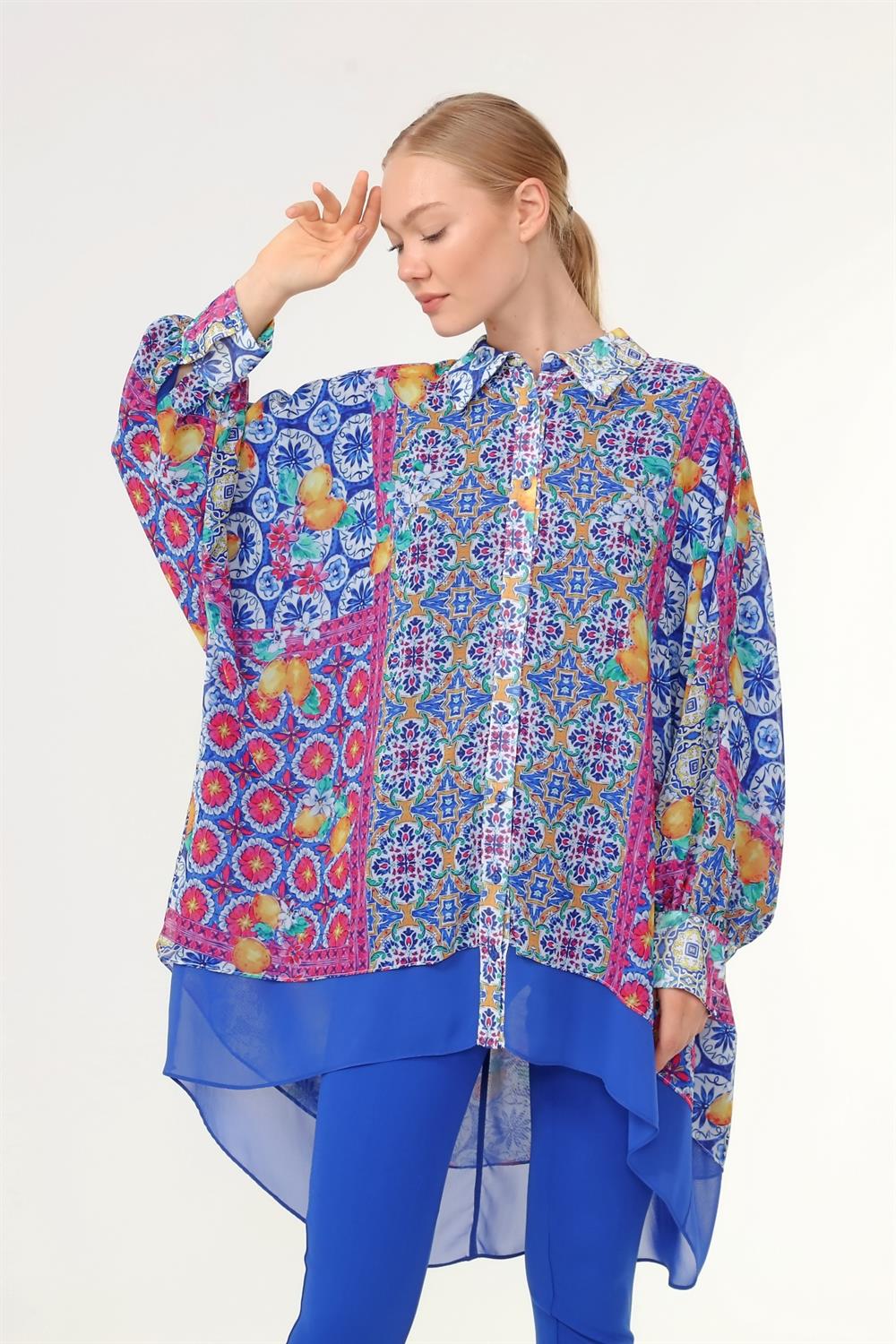Kadın Oversize Desenli Gömlek SAKS MAVİ