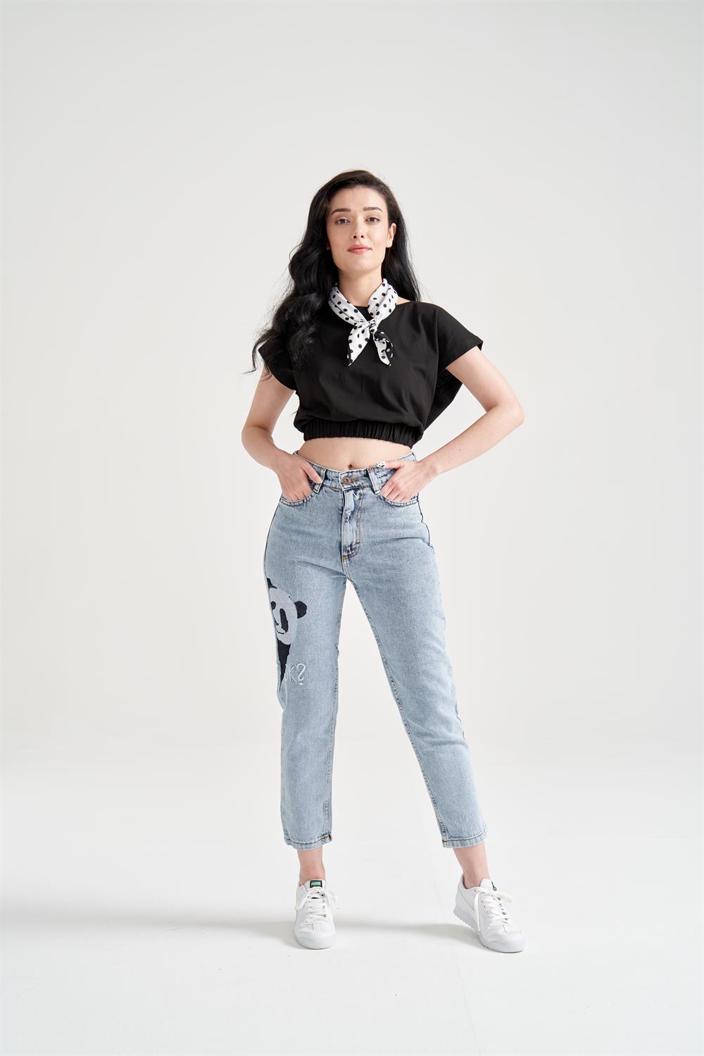 Kadın Panda Nakışlı Mom Jean Mavi