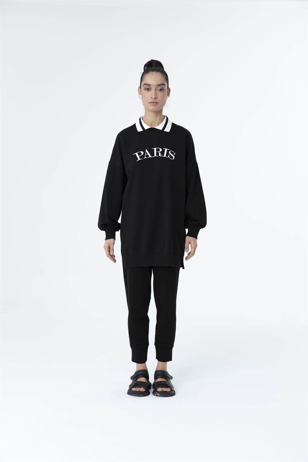 Kadın Paris Yazılı Polo Yaka Sweat Tunik SİYAH