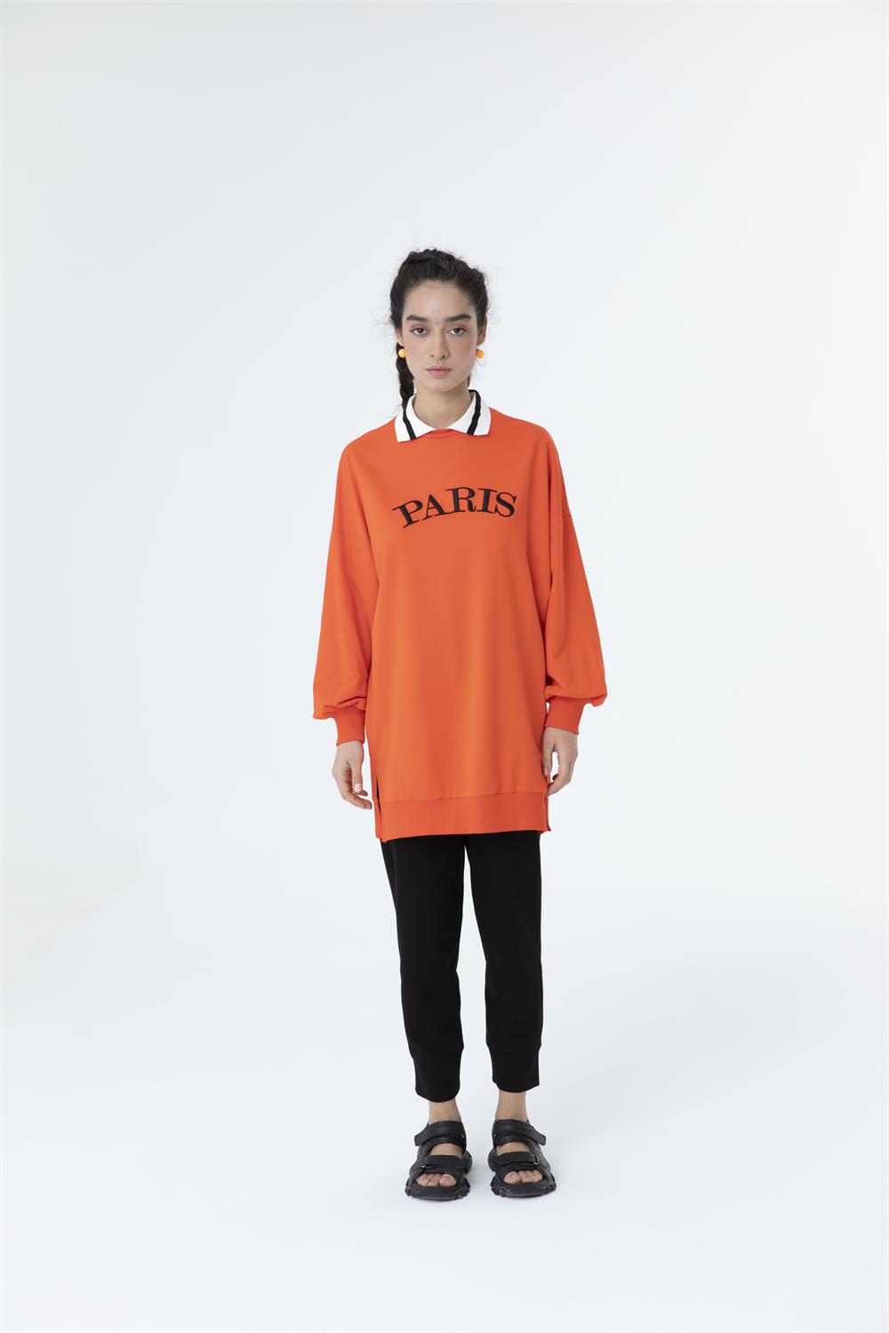 Kadın Paris Yazılı Polo Yaka Sweat Tunik Açık Kırmızı