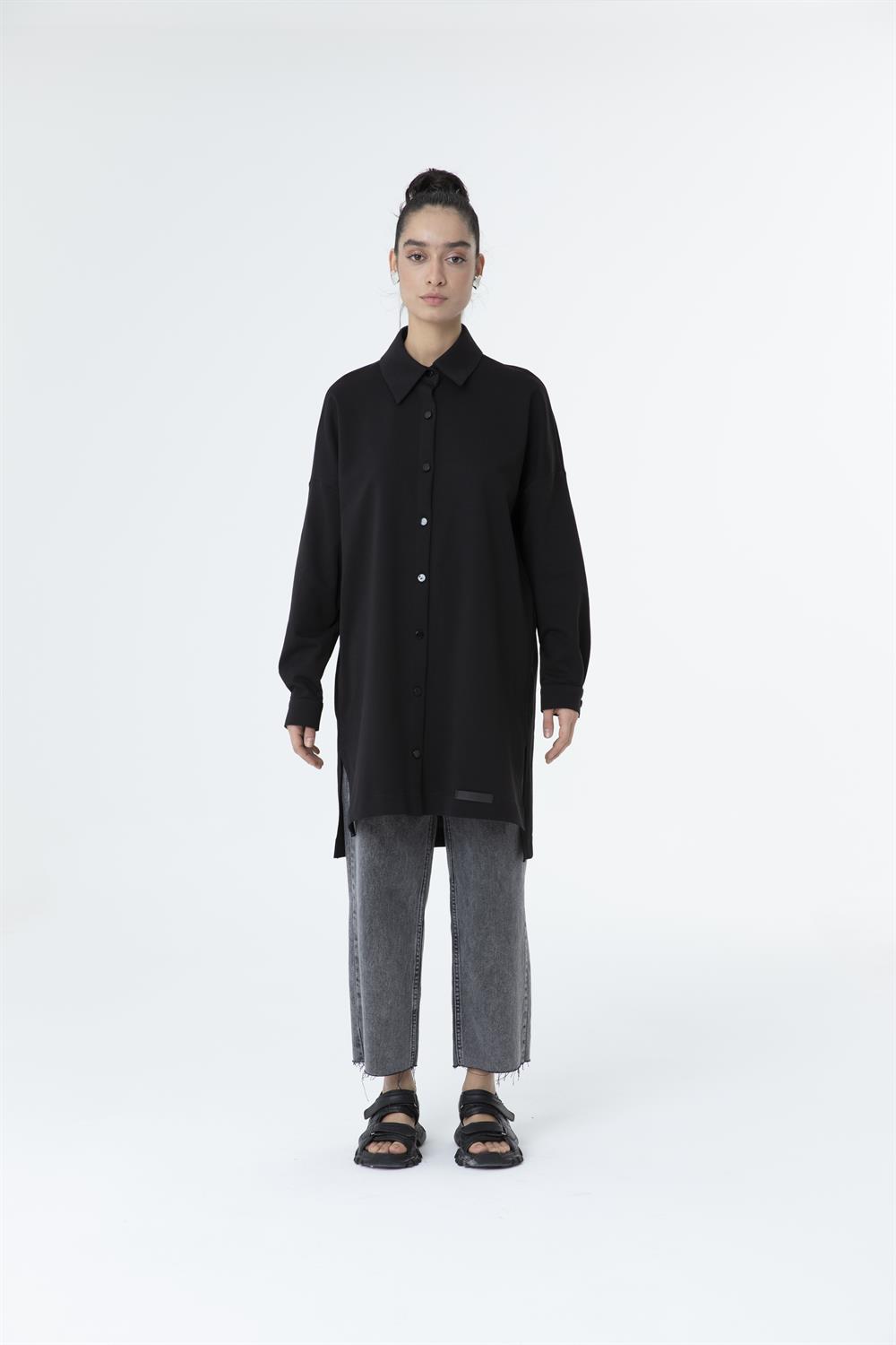 Kadın Polo Yaka Full Düğmeli Sweat Tunik SİYAH