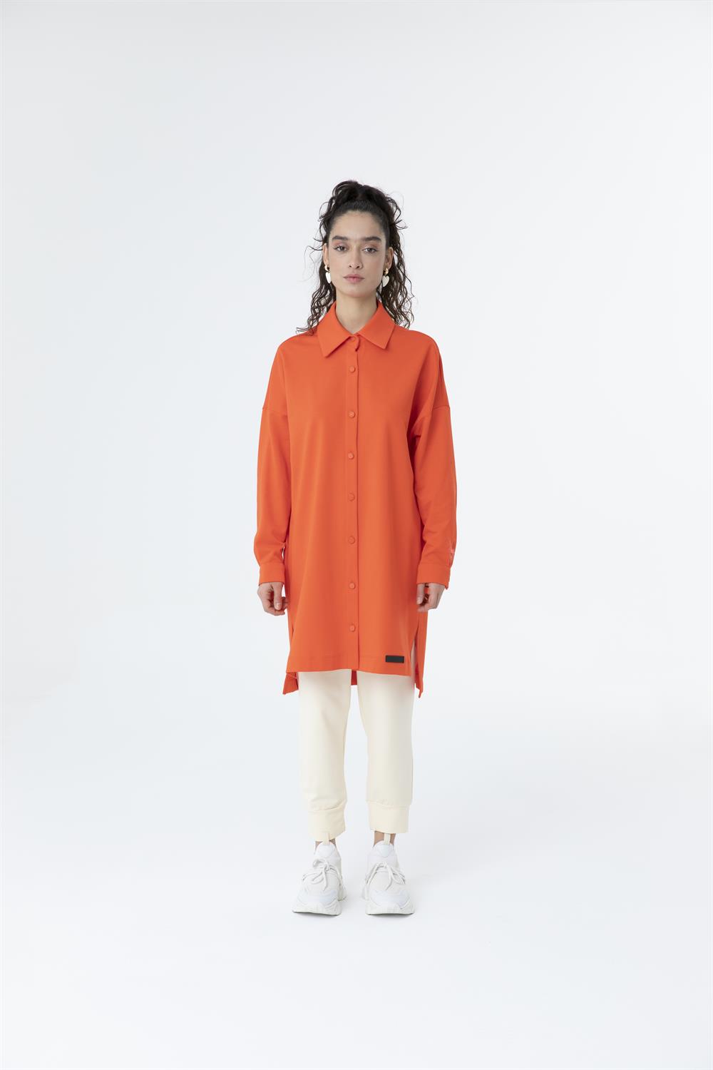 Kadın Polo Yaka Full Düğmeli Sweat Tunik Açık Kırmızı