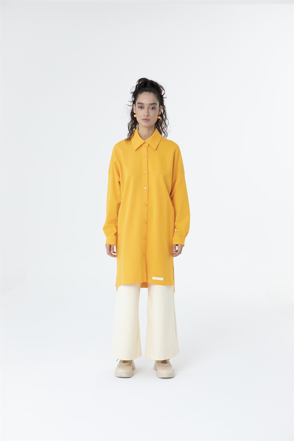 Kadın Polo Yaka Full Düğmeli Sweat Tunik Turuncu