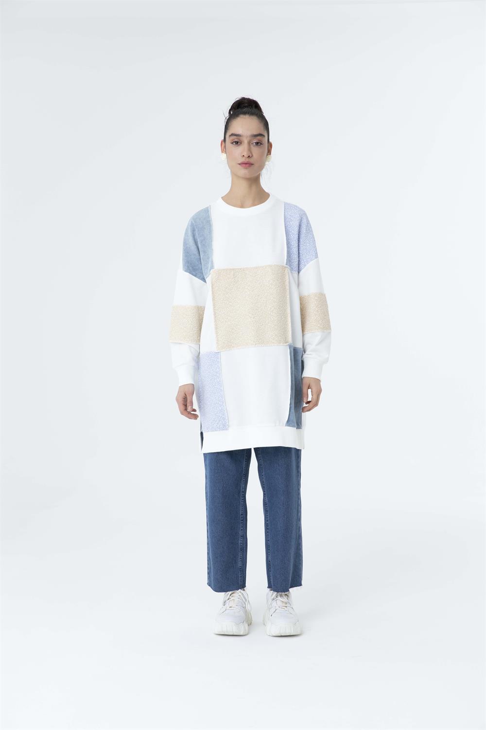 Kadın Renk Detay Yırtmaçlı Sweat Tunik Mavi-Beige