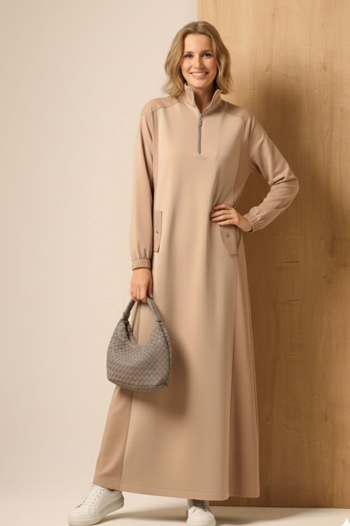 Kadın Scuba Spandex Elbise Beige