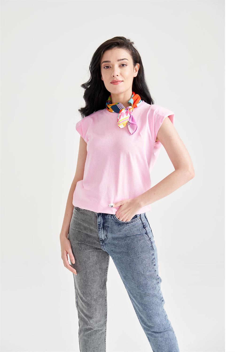 Kadın Vatkalı Basic T-Shirt Pembe