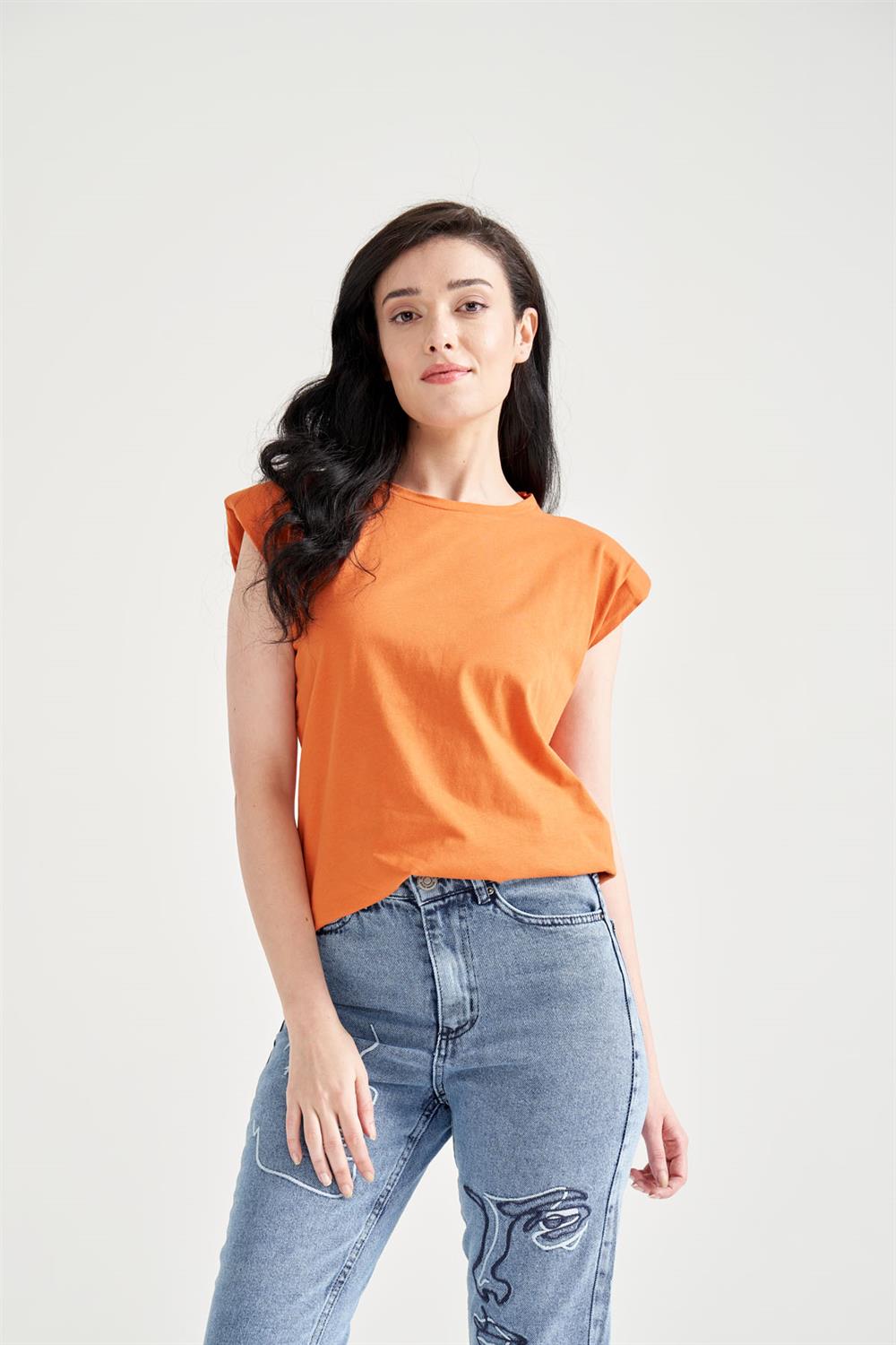 Kadın Vatkalı Basic T-Shirt Turuncu