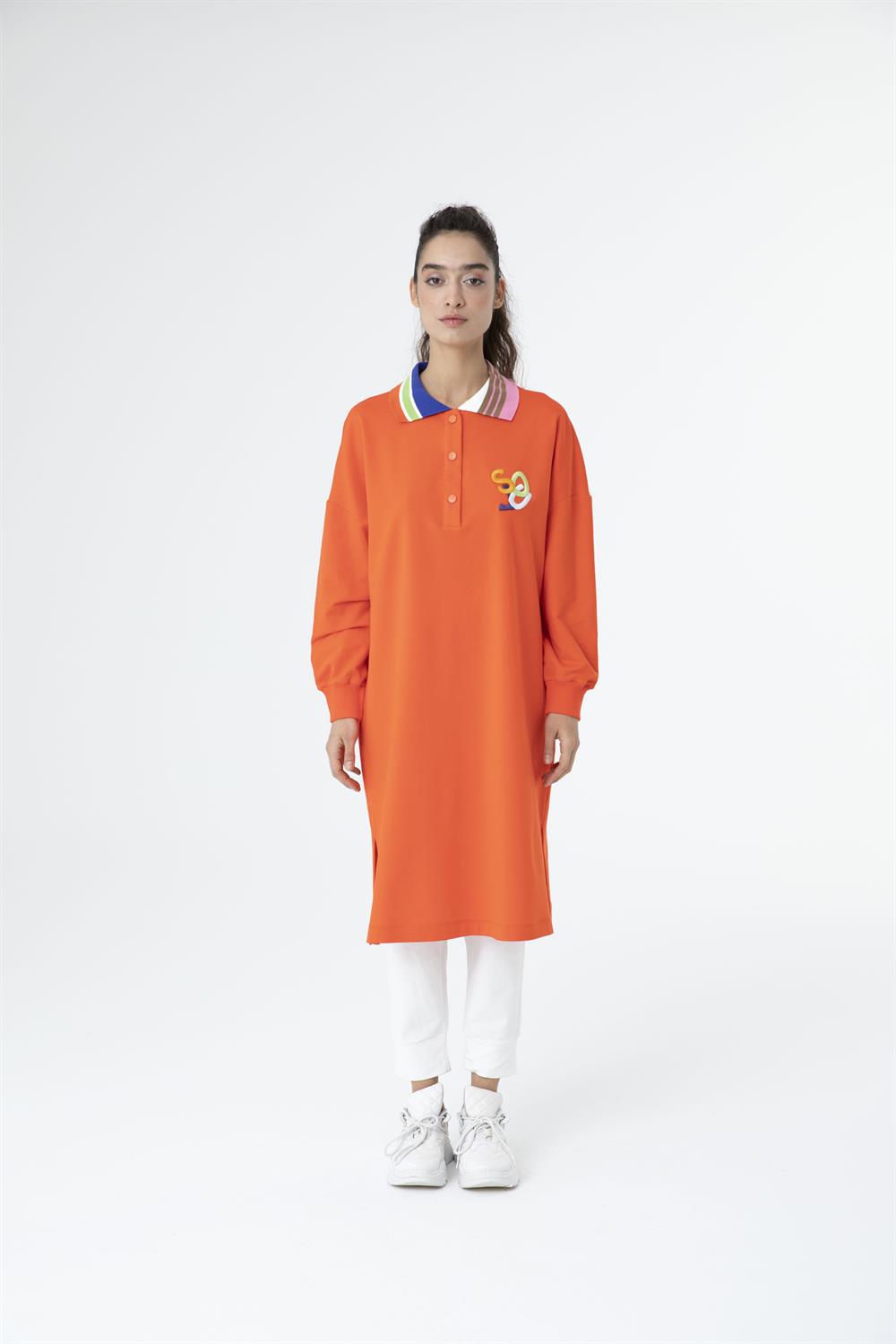 Kadın Yaka Renk Geçişli Uzun Sweat Tunik Açık Kırmızı