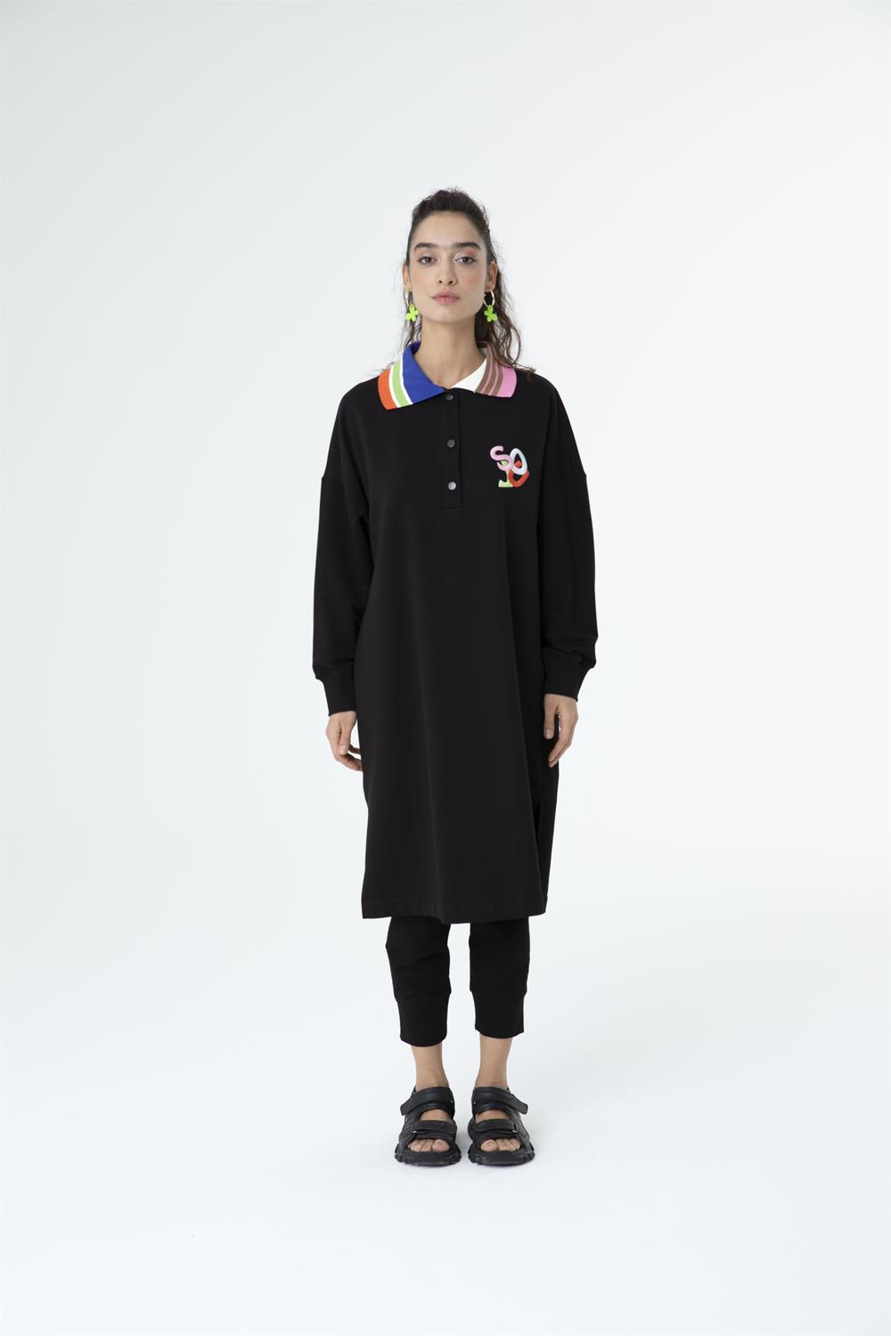 Kadın Yaka Renk Geçişli Uzun Sweat Tunik SİYAH