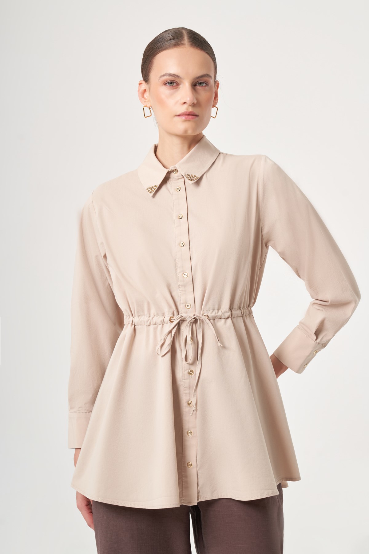 Kadın Yaka Trok Poplin Gömlek Beige