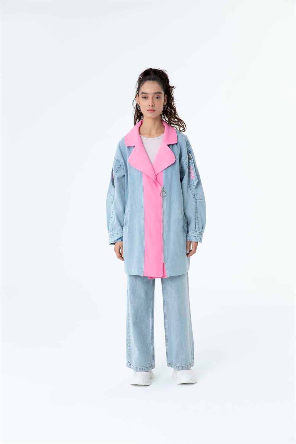 Kadın Yakalı İç Pembe Detay Jean Ceket Kar Yıkama