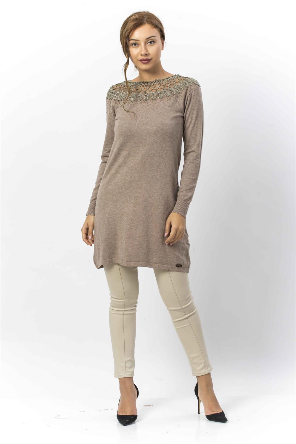 Kadın Yakası İnci Detaylı Tunik BEIGE