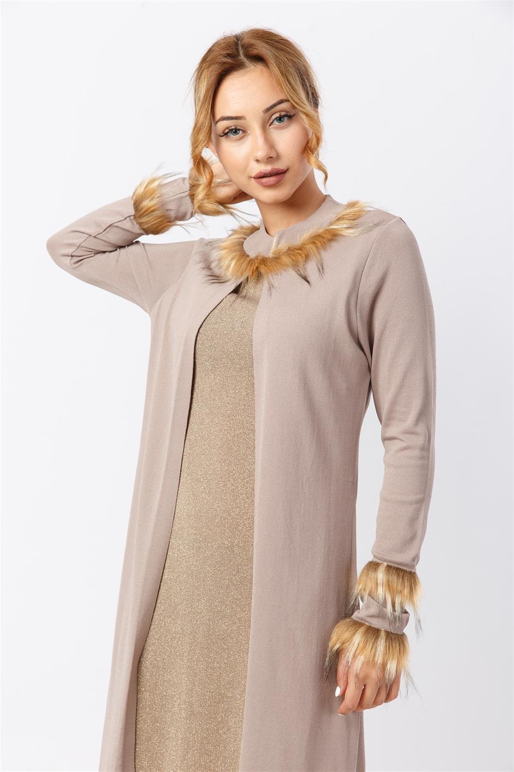 Kadın Yakası Ve Kolu Kürk Detaylı Tunik BEIGE