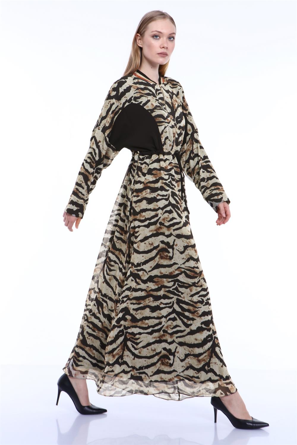 Kadın Zebra Desen Elbise BEIGE