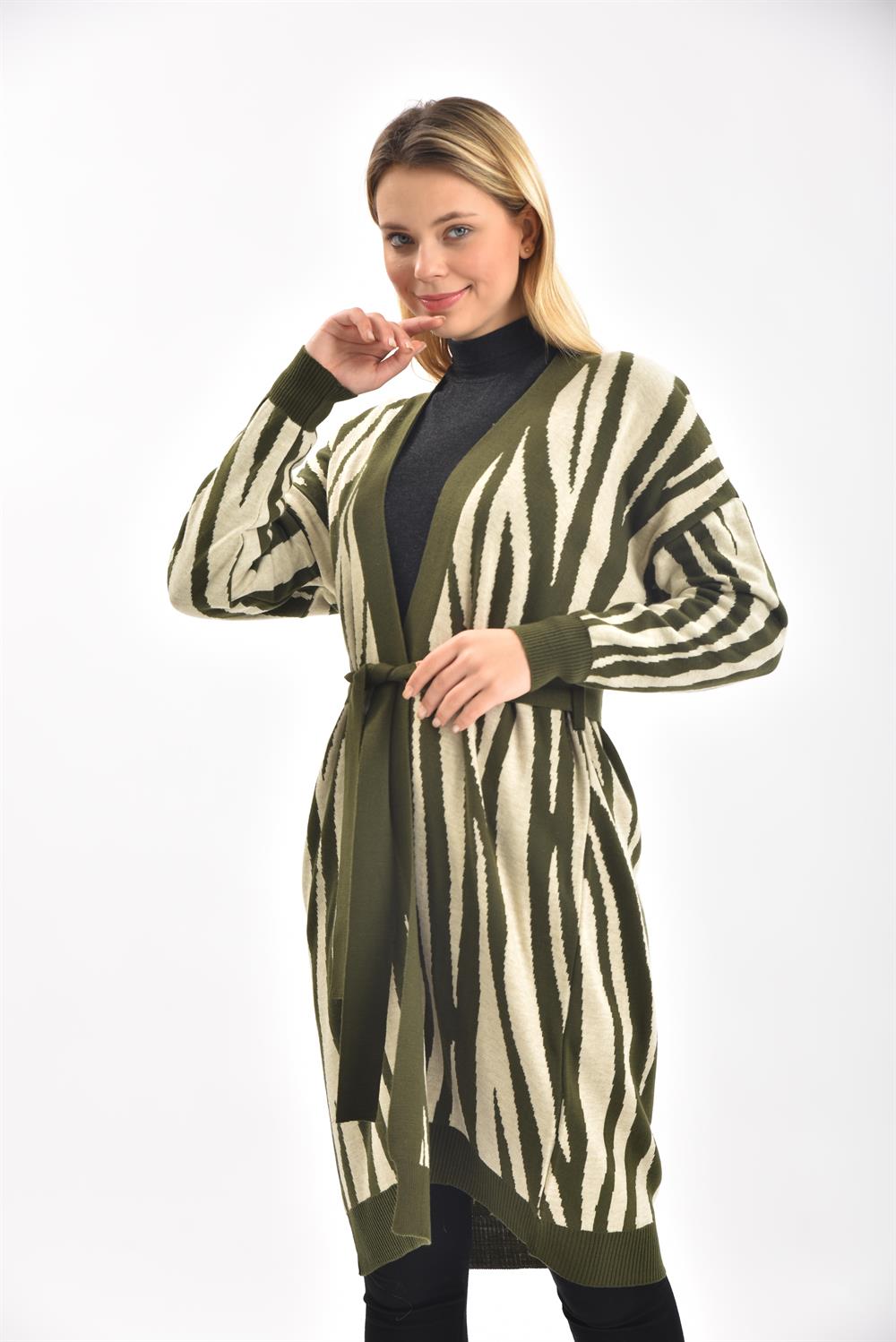 Kadın Zebra Desen Hırka HAKİ