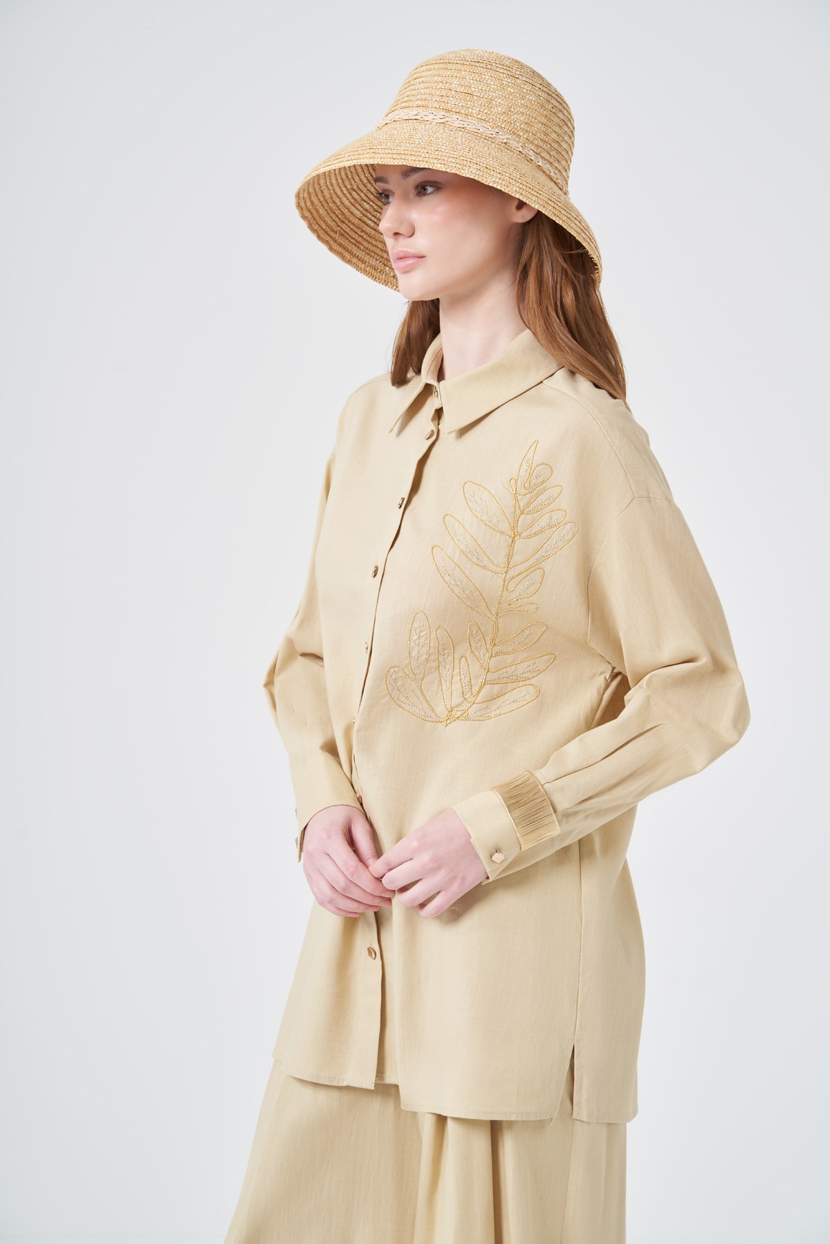 Kadın Zincir İşleme Tencel Keten Takım Beige