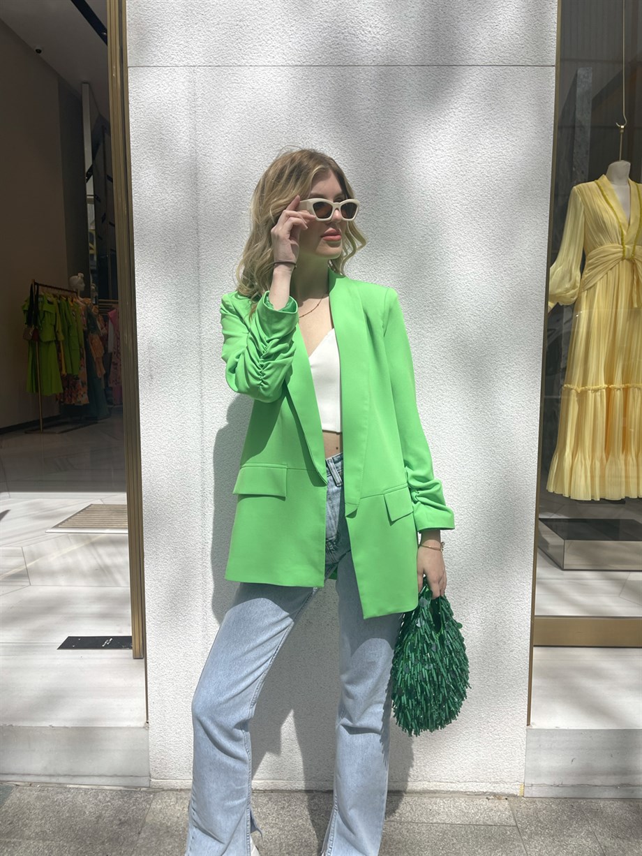 Neon Yeşili Kolu Büzgülü Blazer Ceket