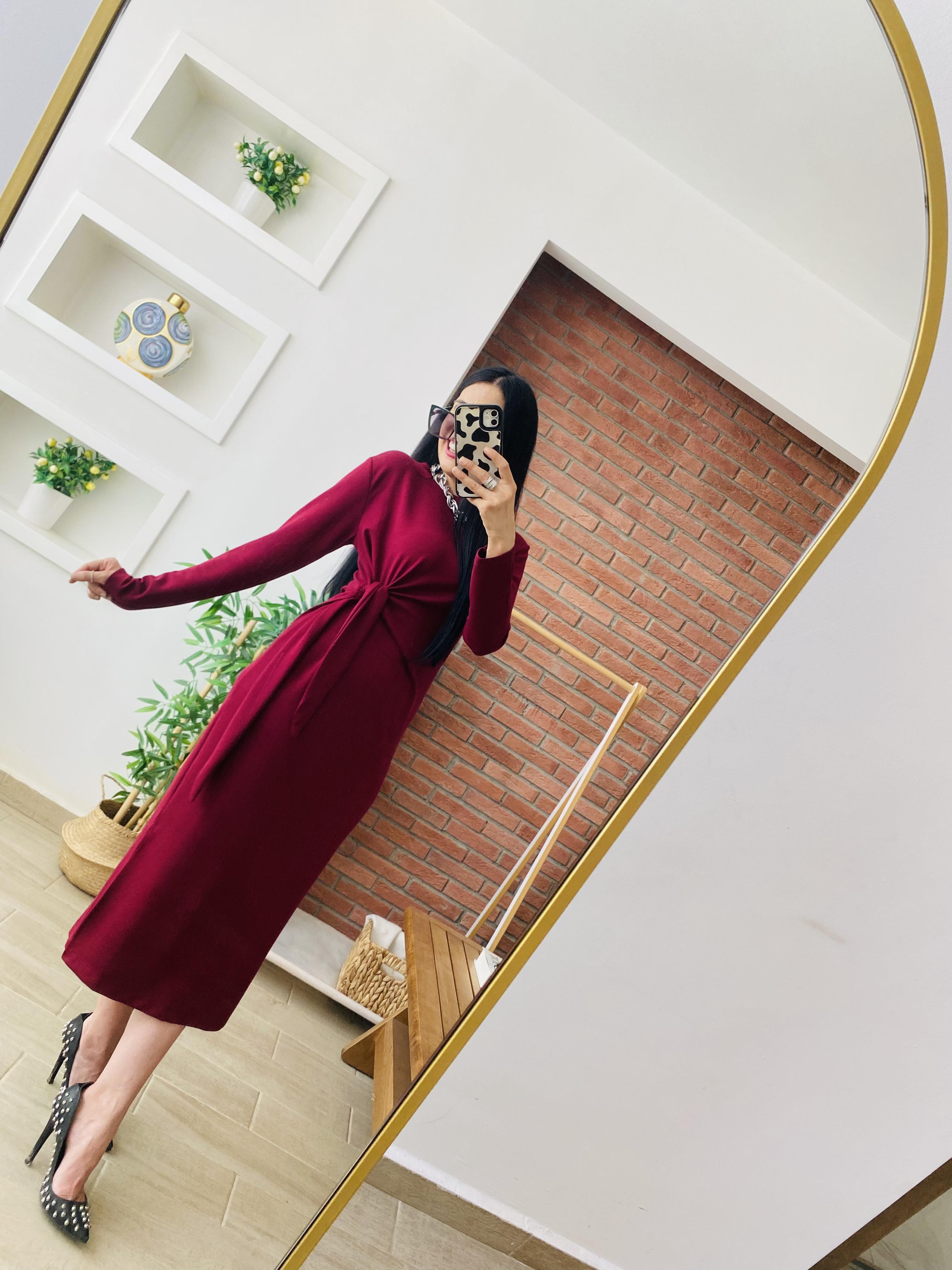 Bordo Modal Kumaş Bağlamalı Elbise