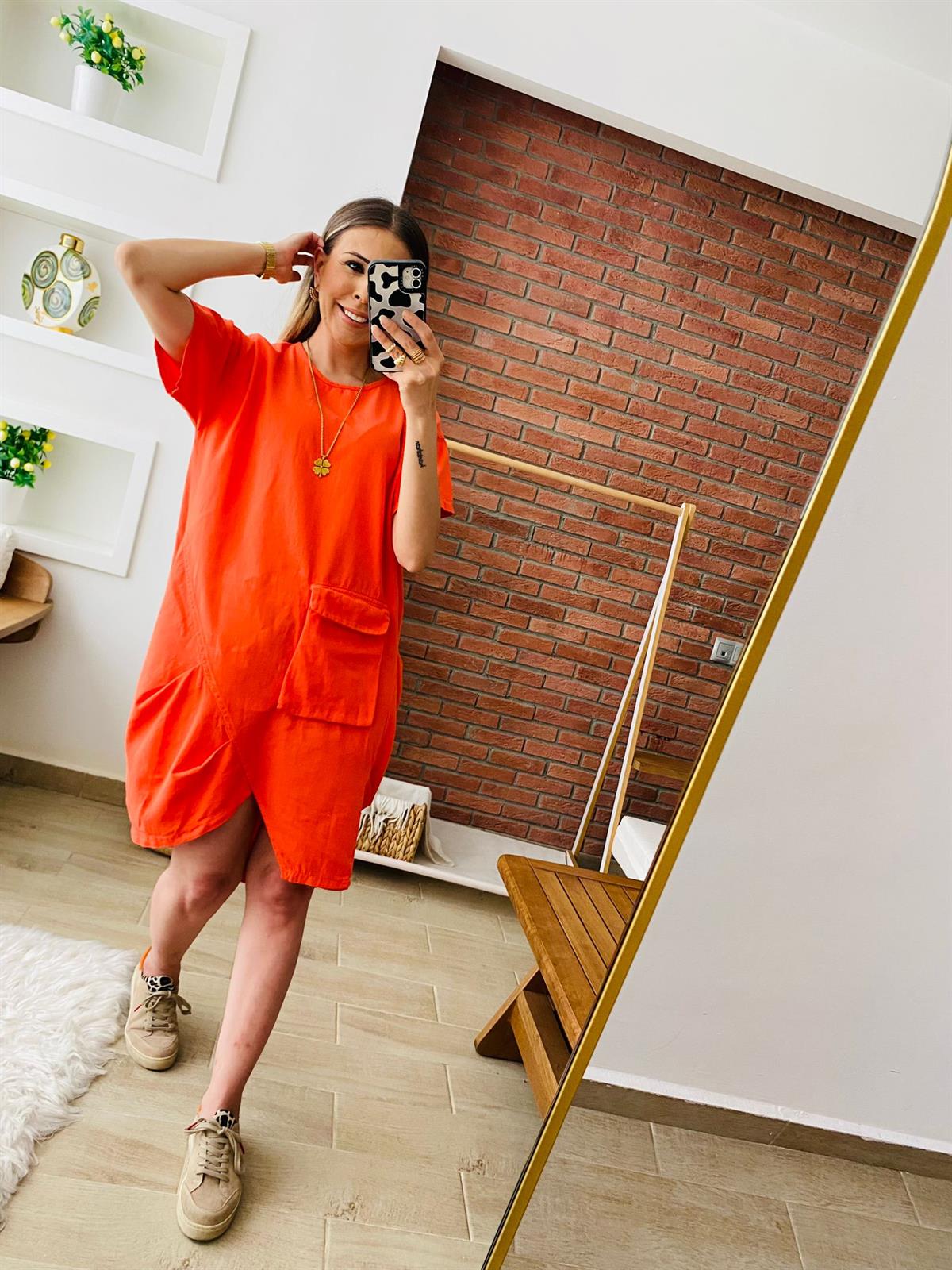 Gabardin Yırtmaçlı Turuncu Elbise