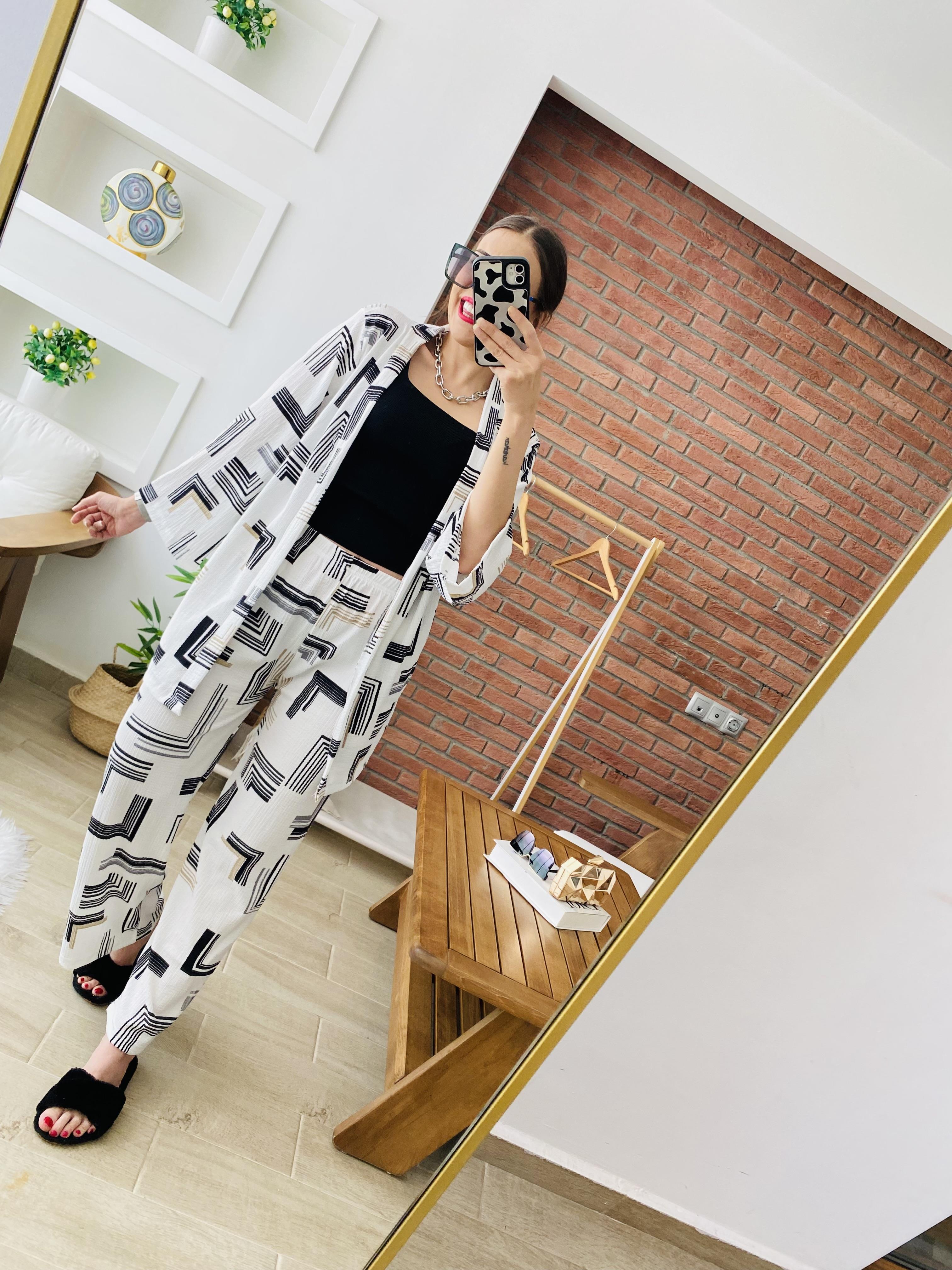 Geometrik Desenli Kimono Takım