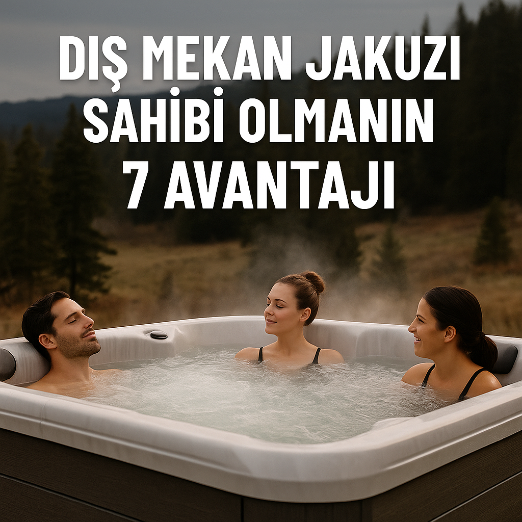 Bahçede buharı tüten ısıtmalı jakuzi içinde rahatlayan insanlar