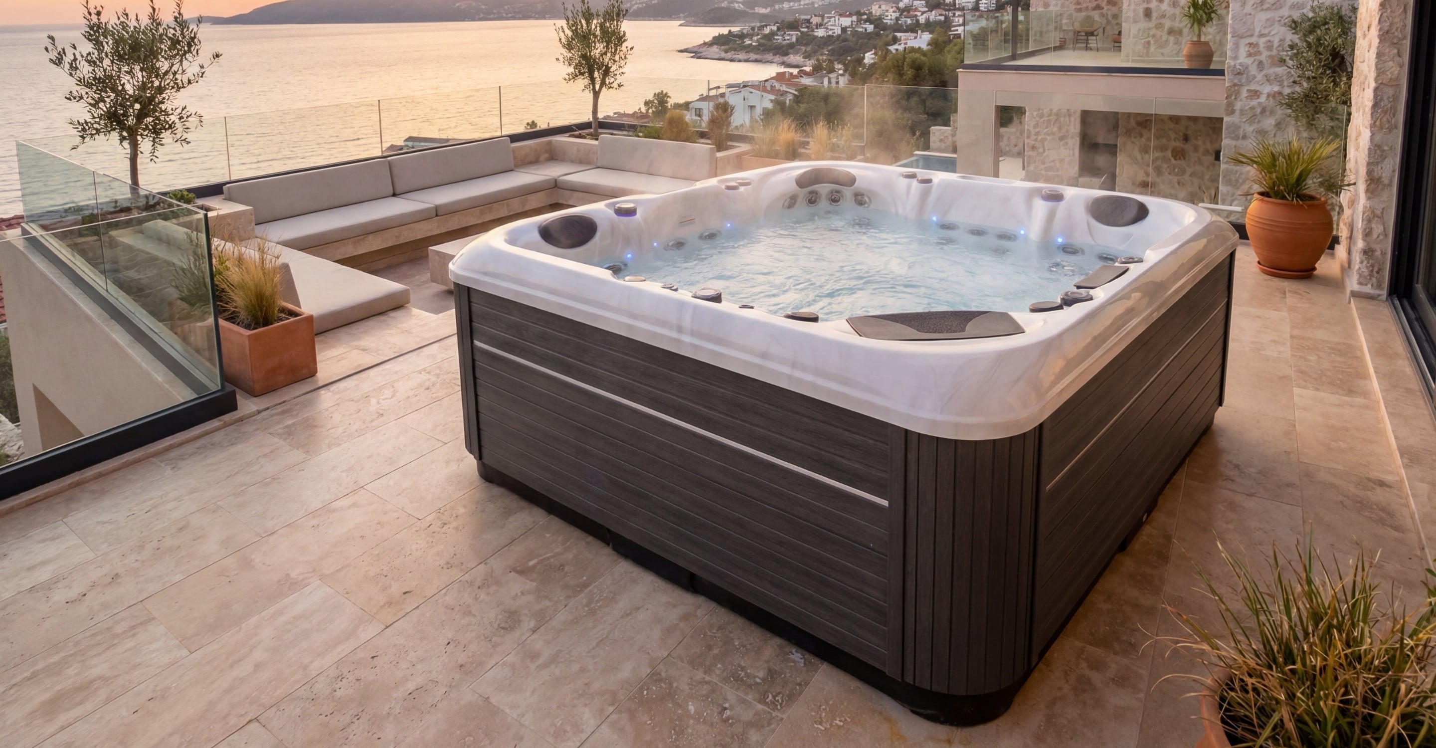 Isıtmalı dış mekan spa jakuzi - deniz manzaralı terasta dört mevsim kullanılan Atlas Jakuzi bahçe ve teras jakuzi modeli