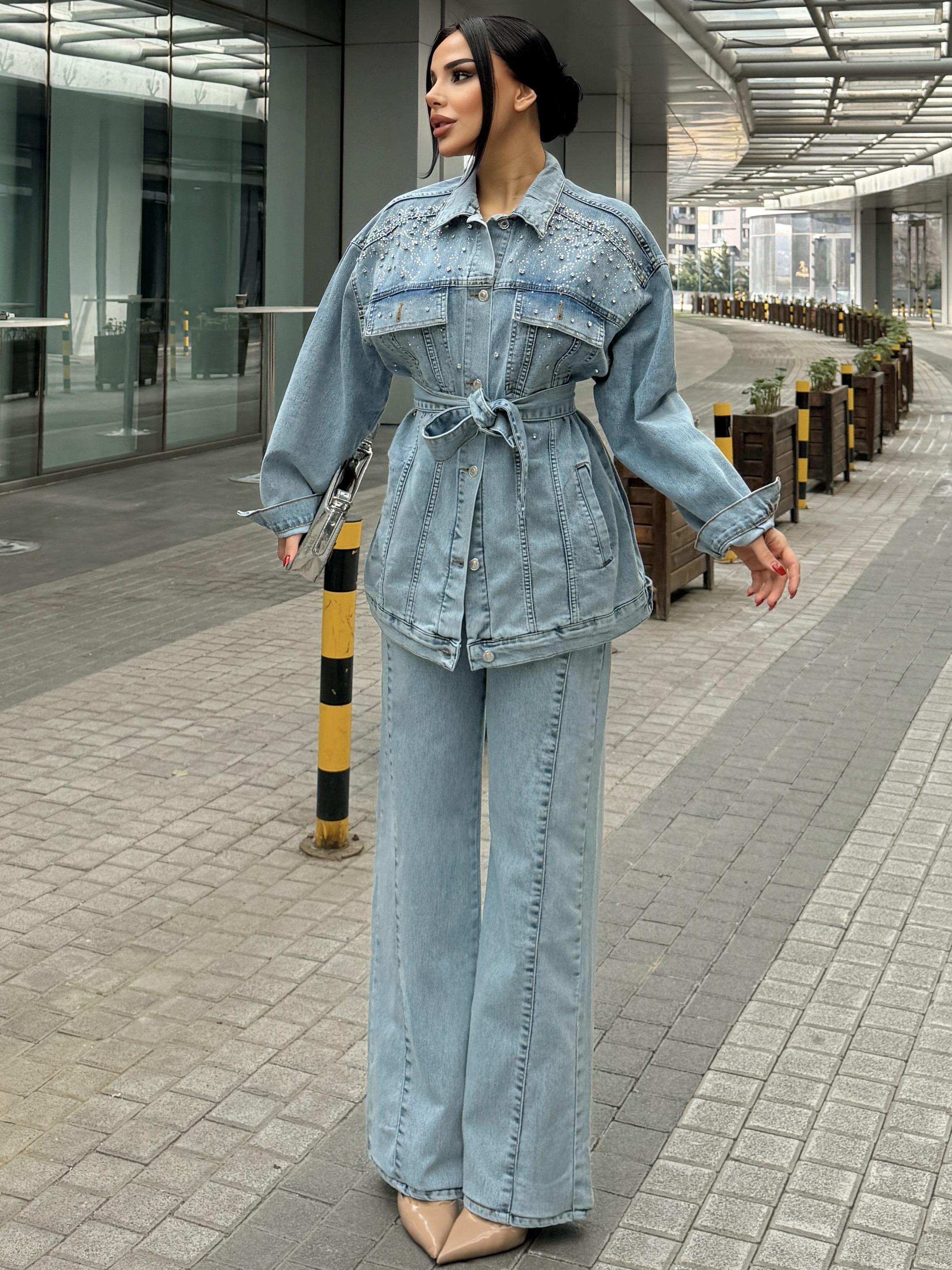  Avian Taş İşleme Detaylı Denim Takım Mavi