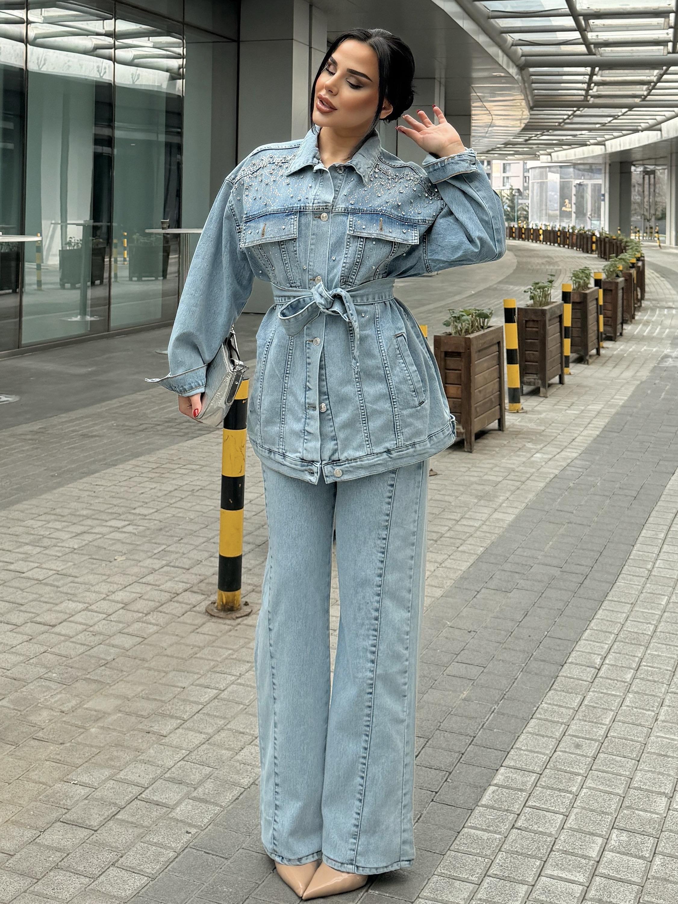  Avian Taş İşleme Detaylı Denim Takım Mavi