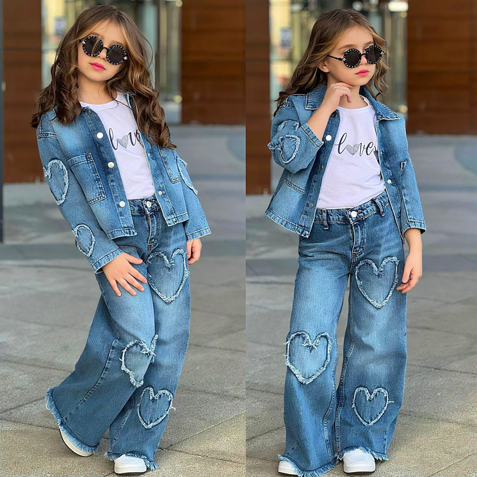 2614 KALPLİ NAKIŞLI CEKETLİ 3LÜ KIZ KOT TAKIM MAVİ