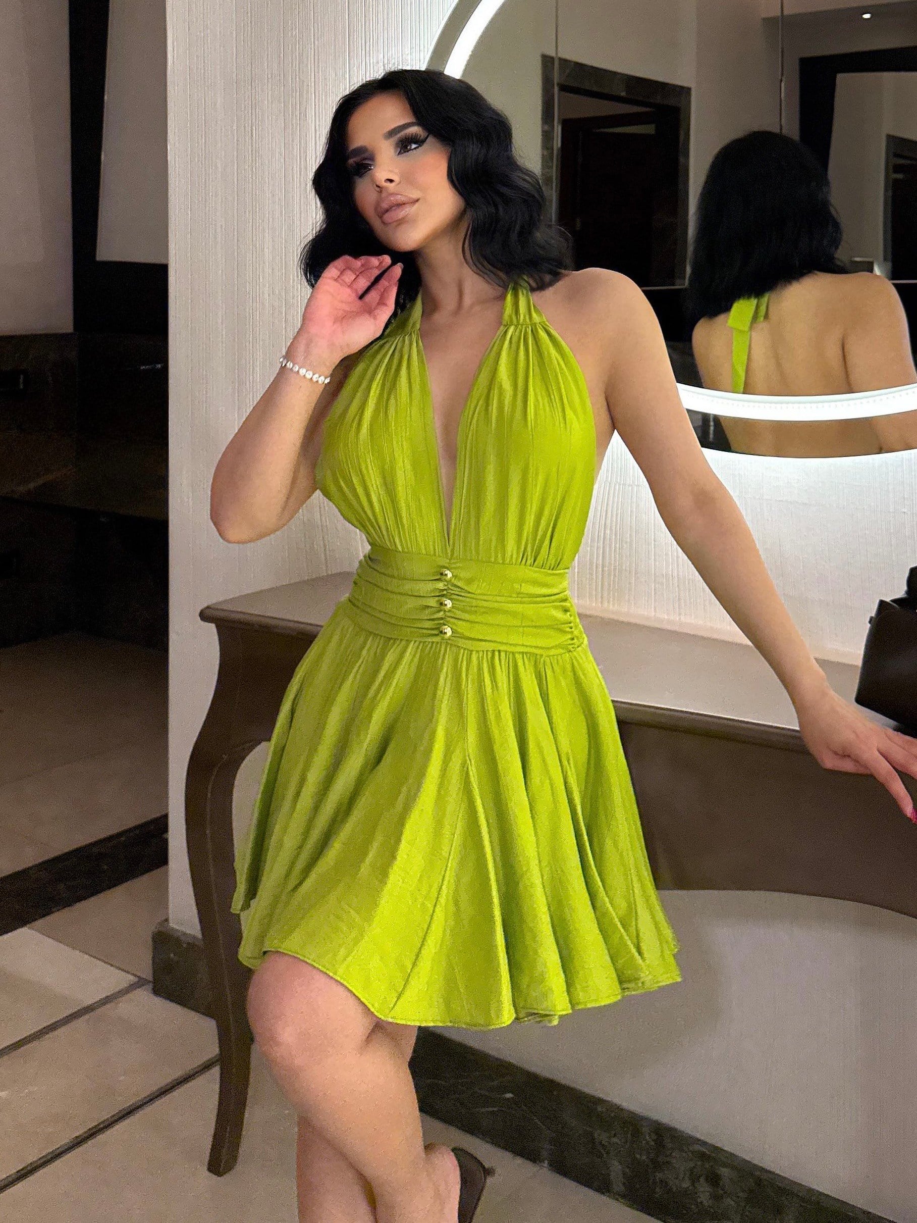 Arya Gold Düğme Detaylı Elbise Yağ Yeşili