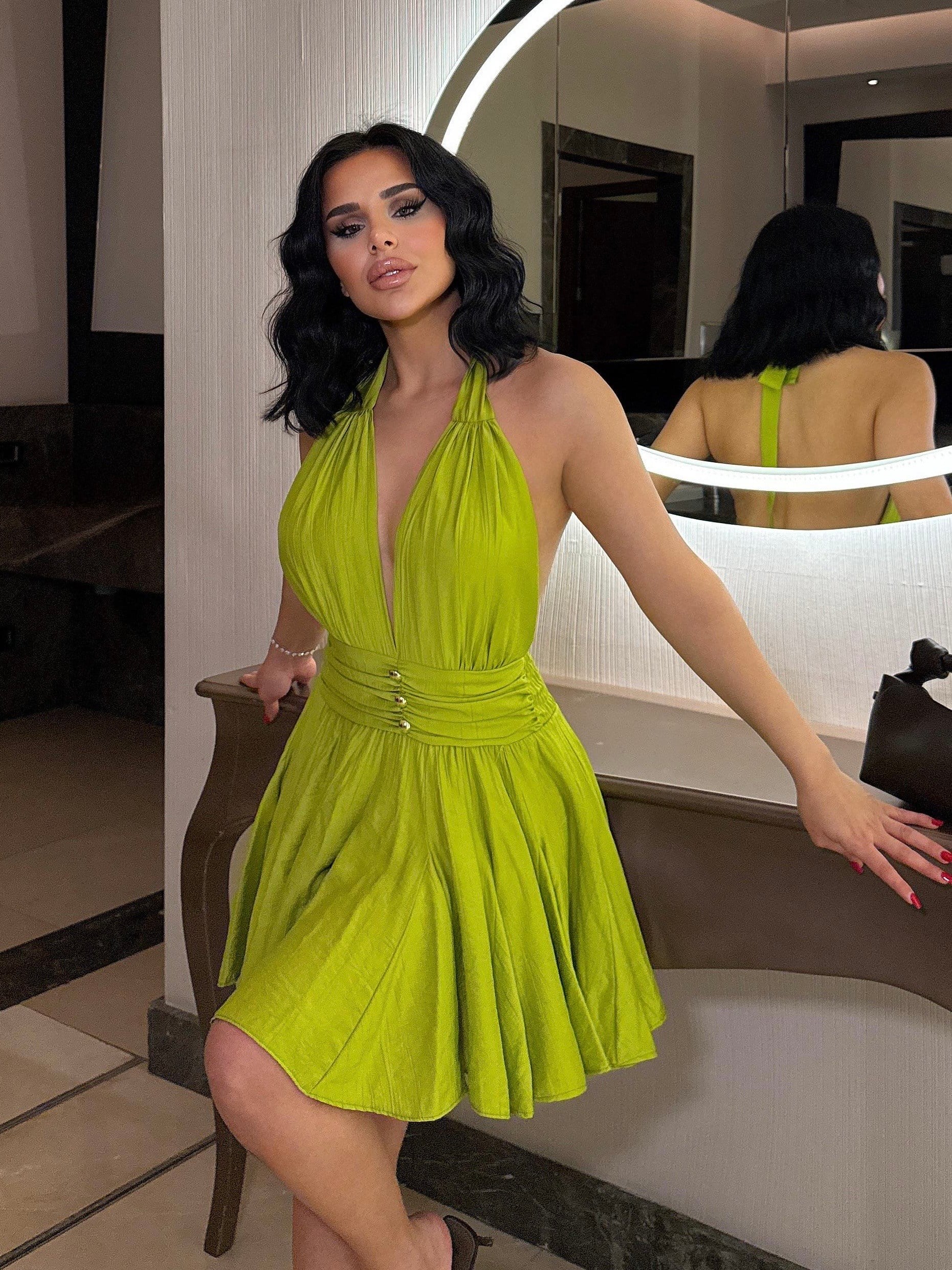 Arya Gold Düğme Detaylı Elbise Yağ Yeşili