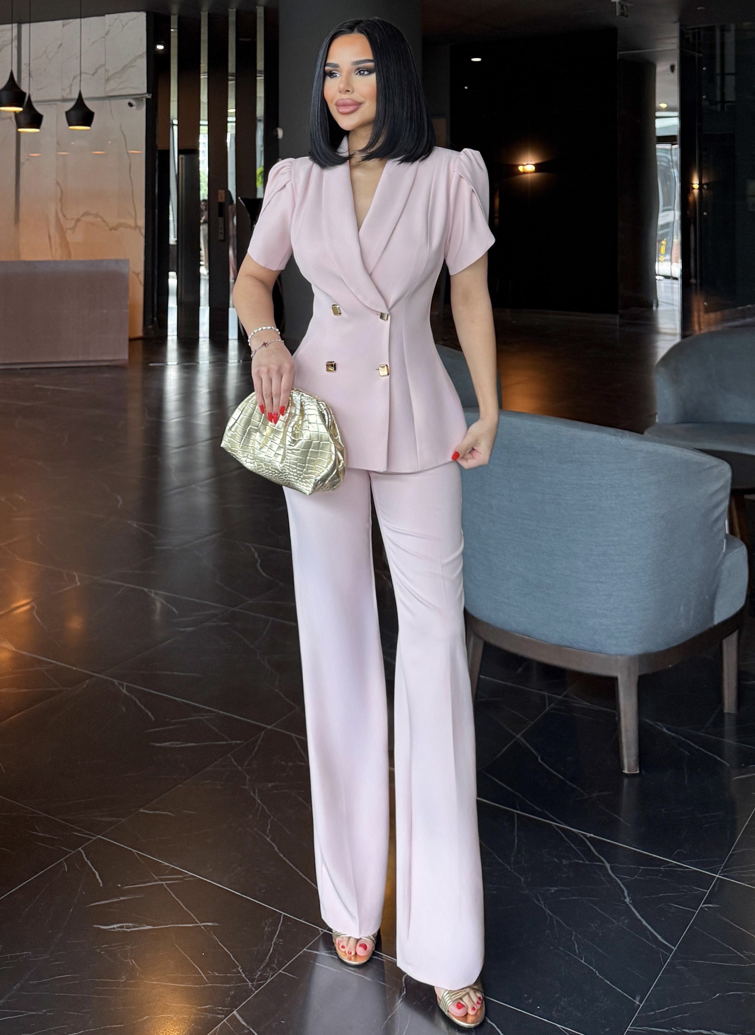 Beyras Gold Düğme Detaylı Takım Pembe