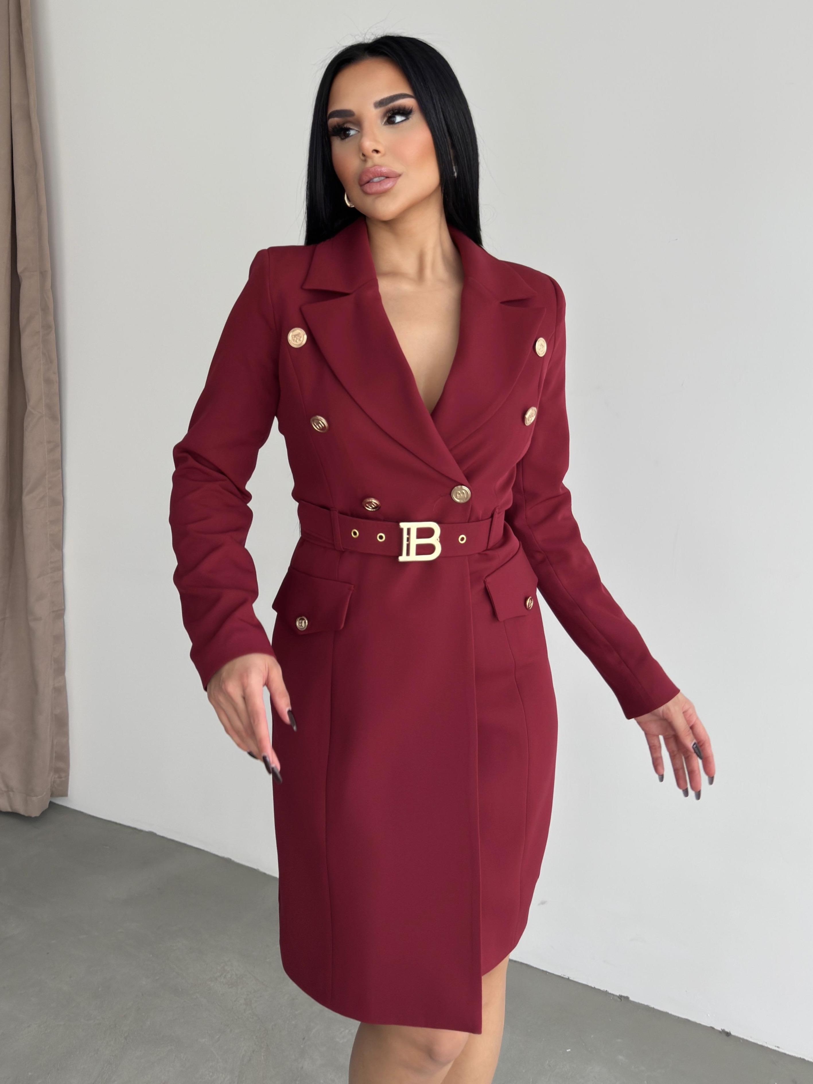 Blonger Gold Kemer Detaylı Elbise Bordo