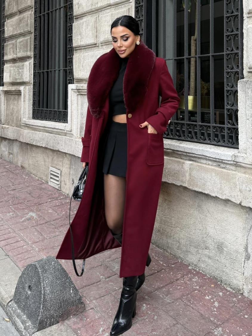 Brendas Kürk Yaka Kaşe Kaban Bordo
