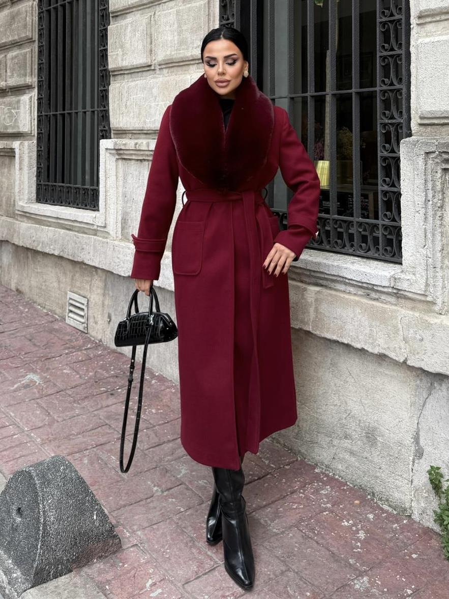 Brendas Kürk Yaka Kaşe Kaban Bordo