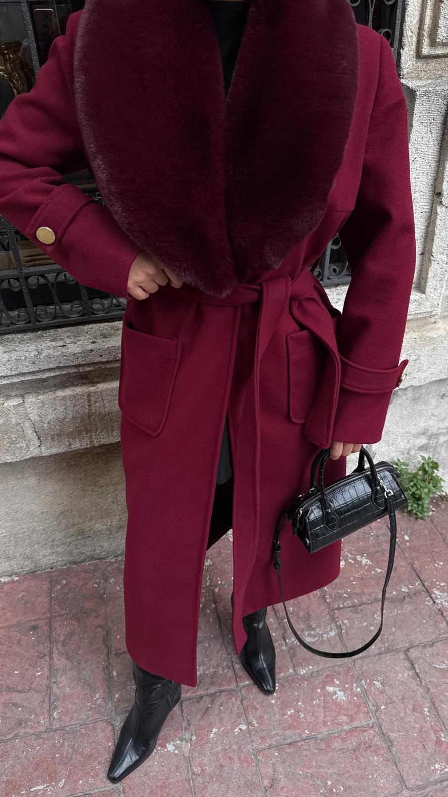 Brendas Kürk Yaka Kaşe Kaban Bordo