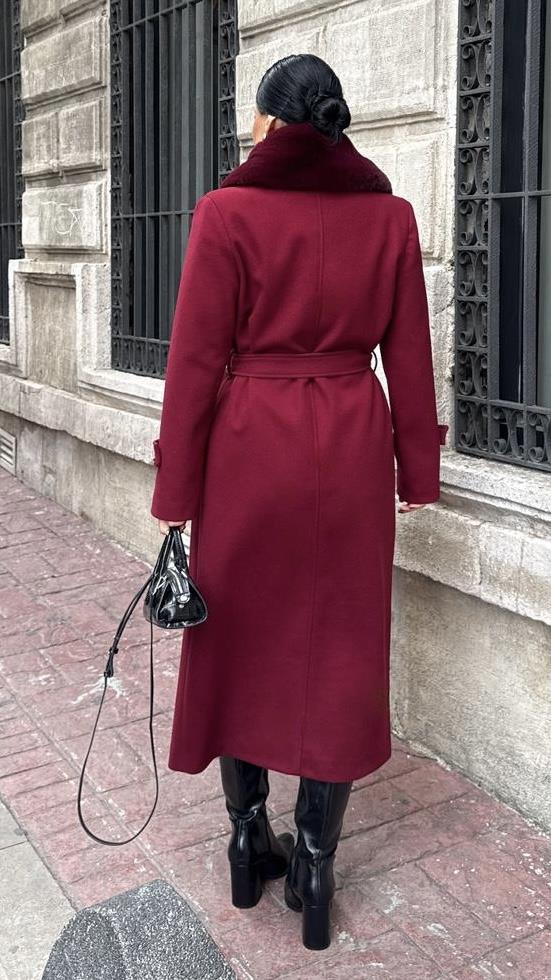 Brendas Kürk Yaka Kaşe Kaban Bordo